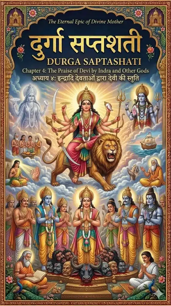 Durga Saptashati Chapter 4 Cover: Indra and the Gods offering Shakradi Stuti (prayers) to the victorious Goddess Durga amidst divine clouds.