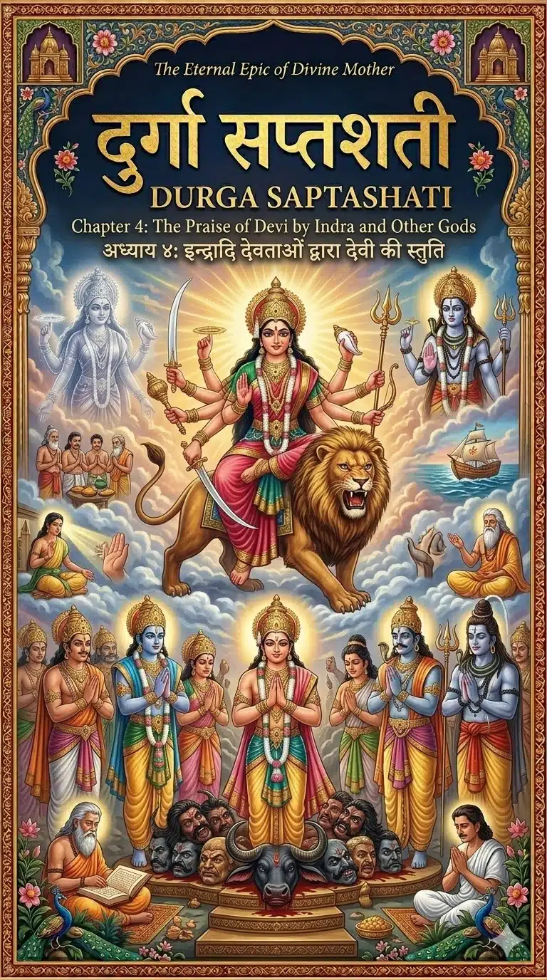 Durga Saptashati Chapter 4 Cover: Indra and the Gods offering Shakradi Stuti (prayers) to the victorious Goddess Durga amidst divine clouds.
