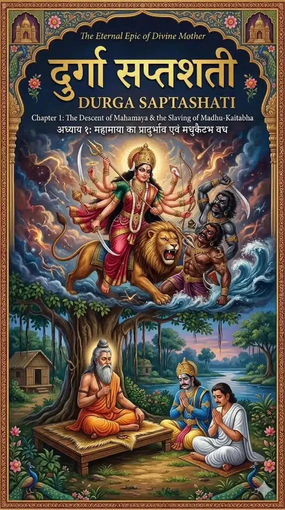 Durga Saptashati Chapter 1 Cover: Sage Medha narrating to King Suratha and Merchant Samadhi under a banyan tree with Devi Mahamaya in the background.
