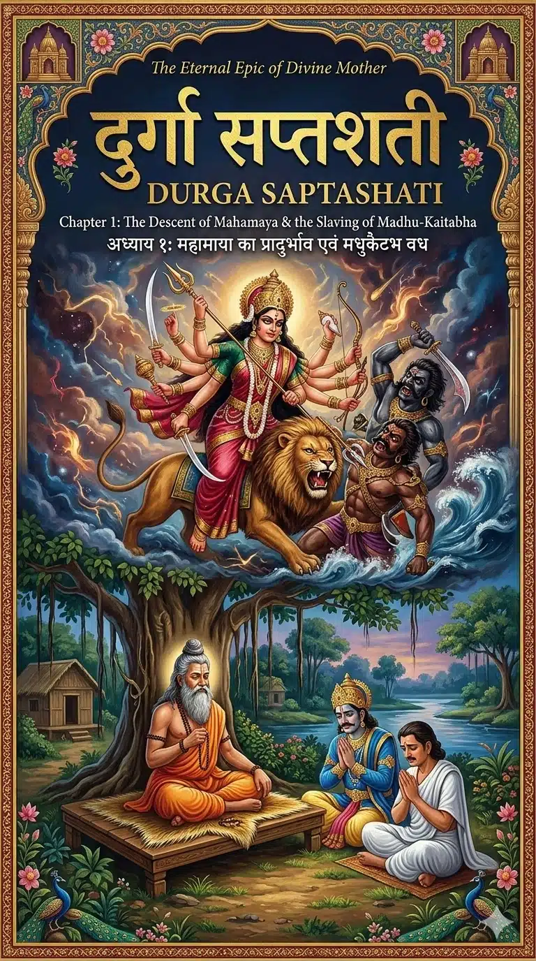 Durga Saptashati Chapter 1 Cover: Sage Medha narrating to King Suratha and Merchant Samadhi under a banyan tree with Devi Mahamaya in the background.