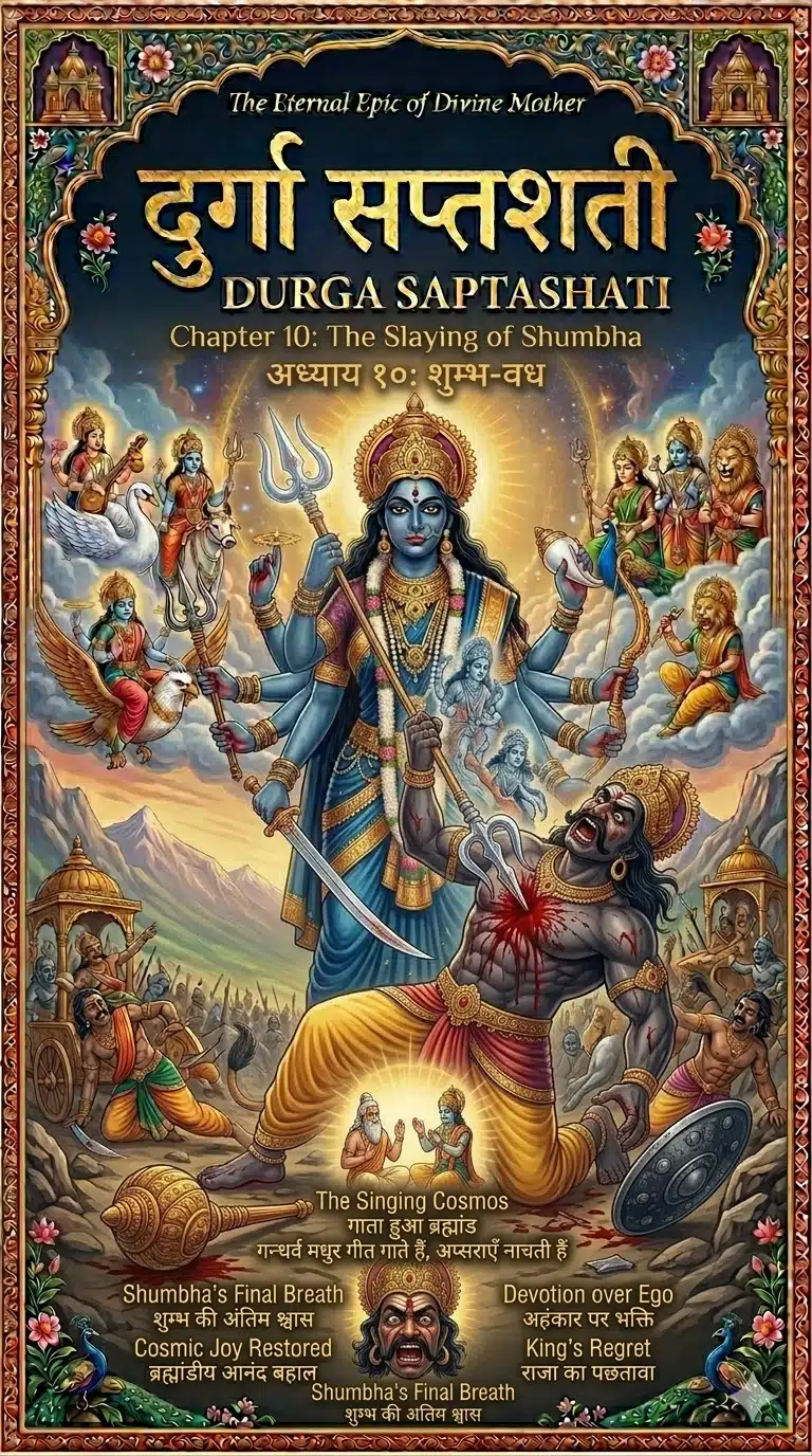 Durga Saptashati Chapter 10 Cover: The final duel where Goddess Durga stands alone after merging all Shaktis to slay the demon King Shumbha.