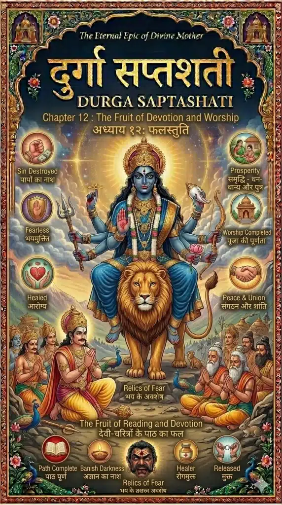 Durga Saptashati Chapter 12 Cover: Divine Mother Durga blessing devotees, illustrating the Phala Stuti (benefits) of reading the sacred scripture.