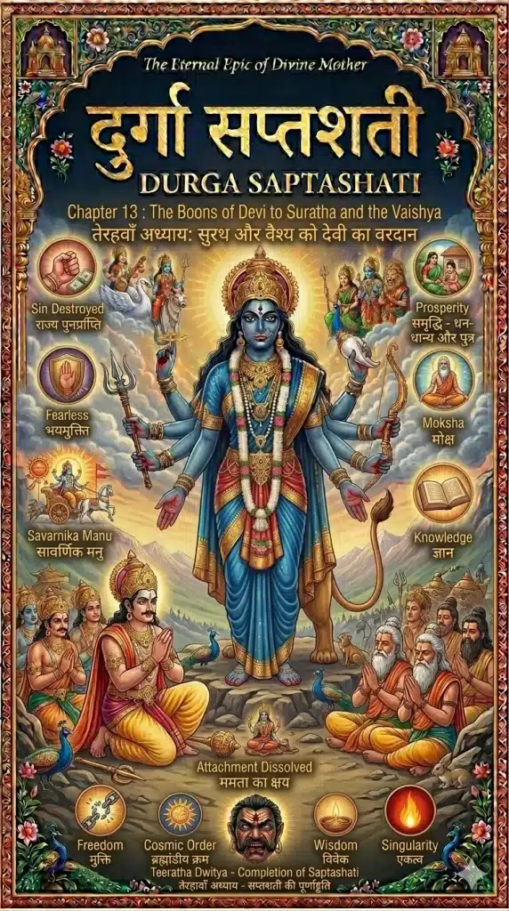 Durga Saptashati Chapter 13 Cover: Devi Durga granting boons to King Suratha for his kingdom and Merchant Samadhi for ultimate spiritual knowledge.