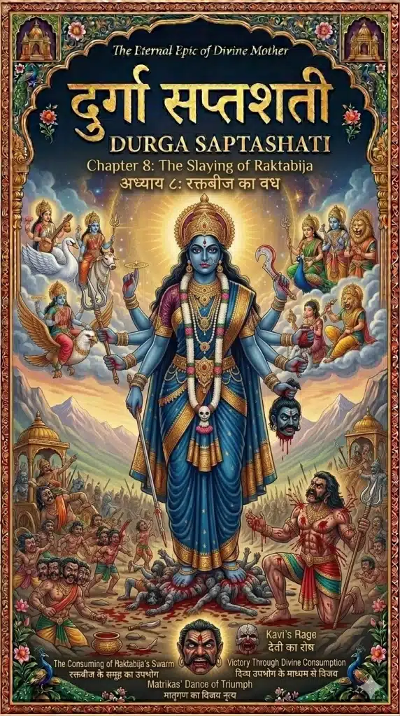 Durga Saptashati Chapter 8 Cover: Goddess Kali consuming the blood of demon Raktabija to prevent his multiplication, surrounded by the Seven Matrikas.