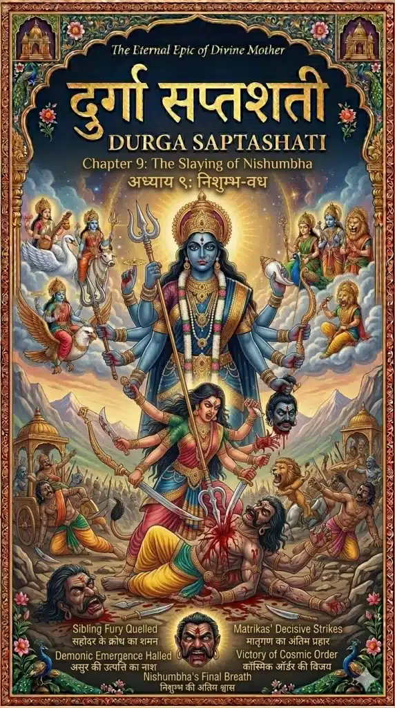 Durga Saptashati Chapter 9 Cover: Devi Chandika in a fierce battle slaying the demon Nishumbha with her sword and trident.