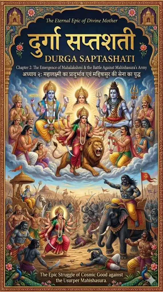 Durga Saptashati Chapter 2 Cover: Emergence of Goddess Mahalakshmi from the combined divine light of Lord Shiva, Vishnu, and Brahma.