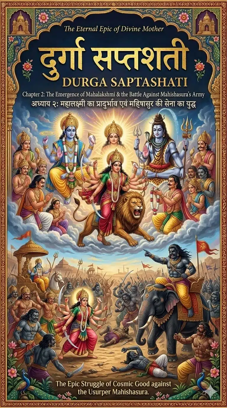 Durga Saptashati Chapter 2 Cover: Emergence of Goddess Mahalakshmi from the combined divine light of Lord Shiva, Vishnu, and Brahma.