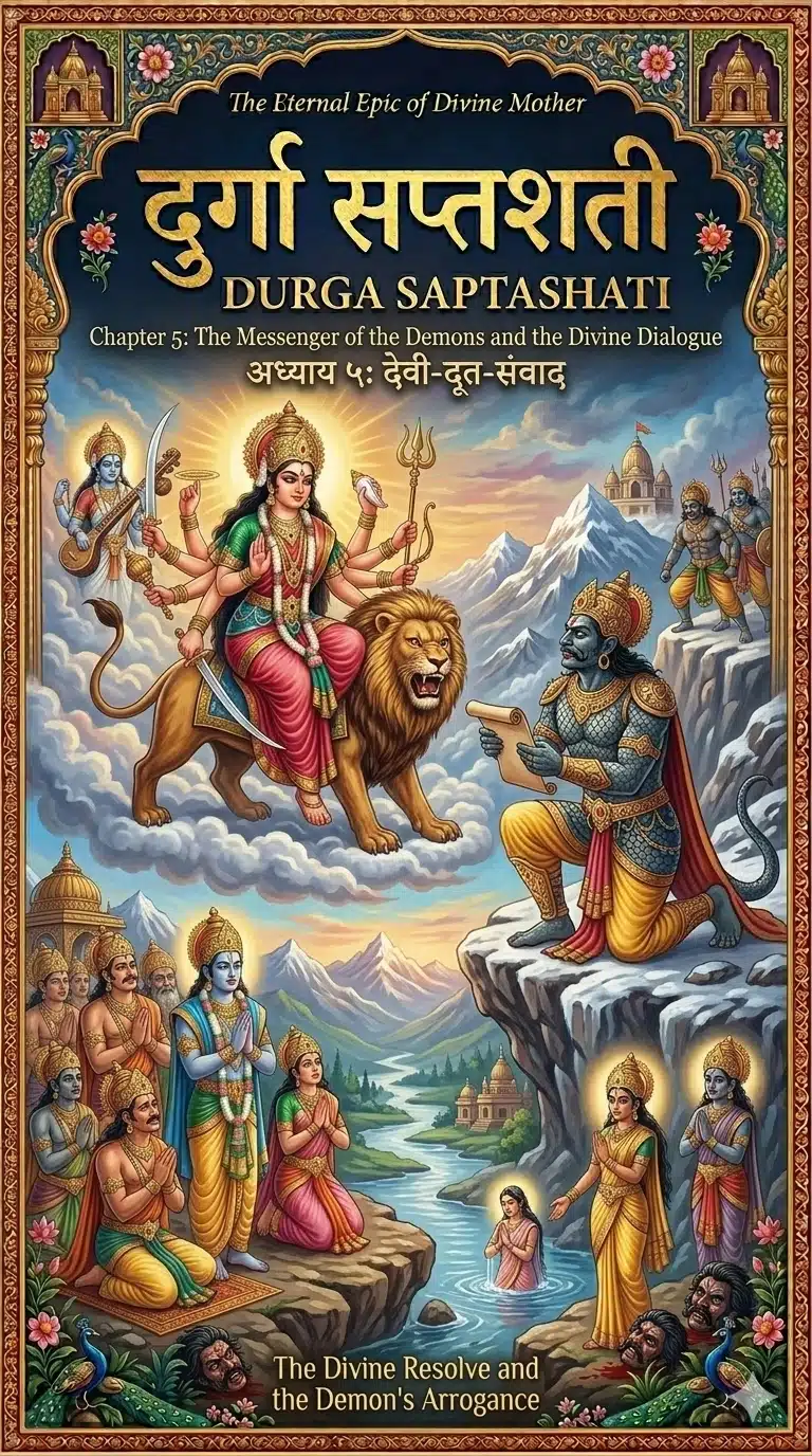 Durga Saptashati Chapter 5 Cover: Devi Ambika in the Himalayas meeting the demon messenger Sugreeva; emergence of Goddess Kaushiki.