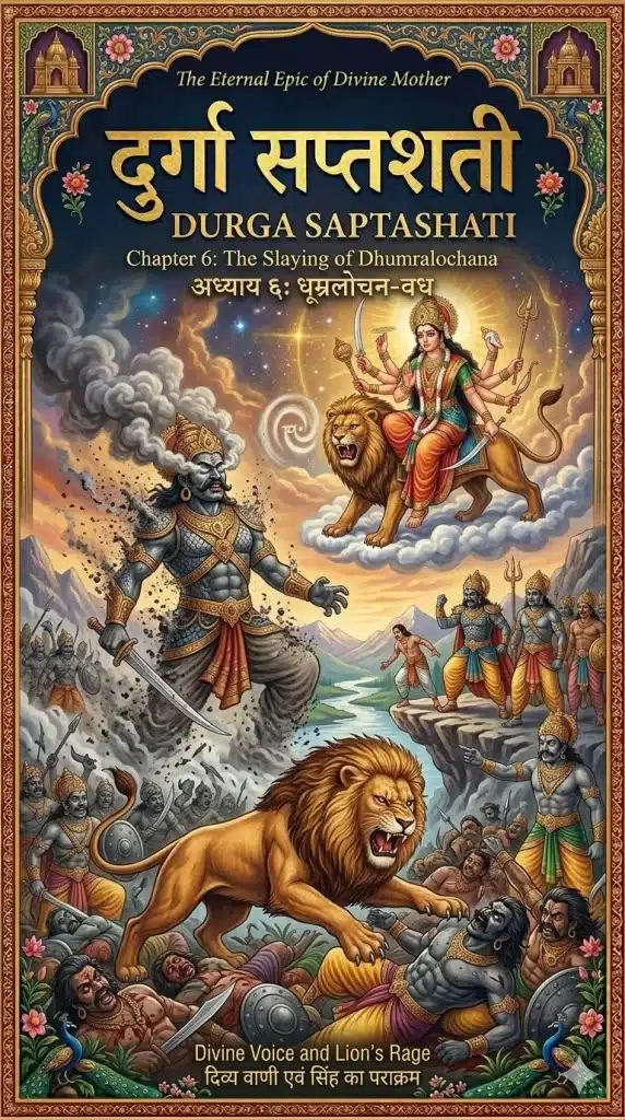 Durga Saptashati Chapter 6 Cover: Goddess Durga incinerating the demon Dhumralochana with a powerful 'Hum' sound as her lion attacks the army.