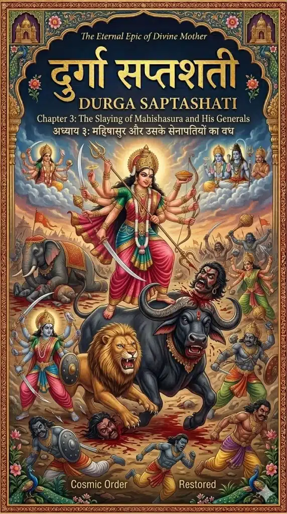 Durga Saptashati Chapter 3 Cover: Goddess Durga on a lion slaying the buffalo demon Mahishasura with her trident (Trishul) in the battlefield.