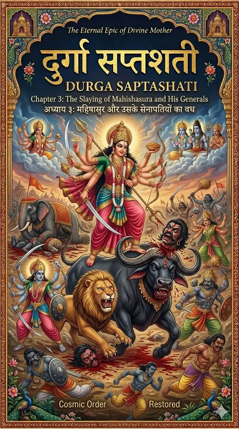 Durga Saptashati Chapter 3 Cover: Goddess Durga on a lion slaying the buffalo demon Mahishasura with her trident (Trishul) in the battlefield.