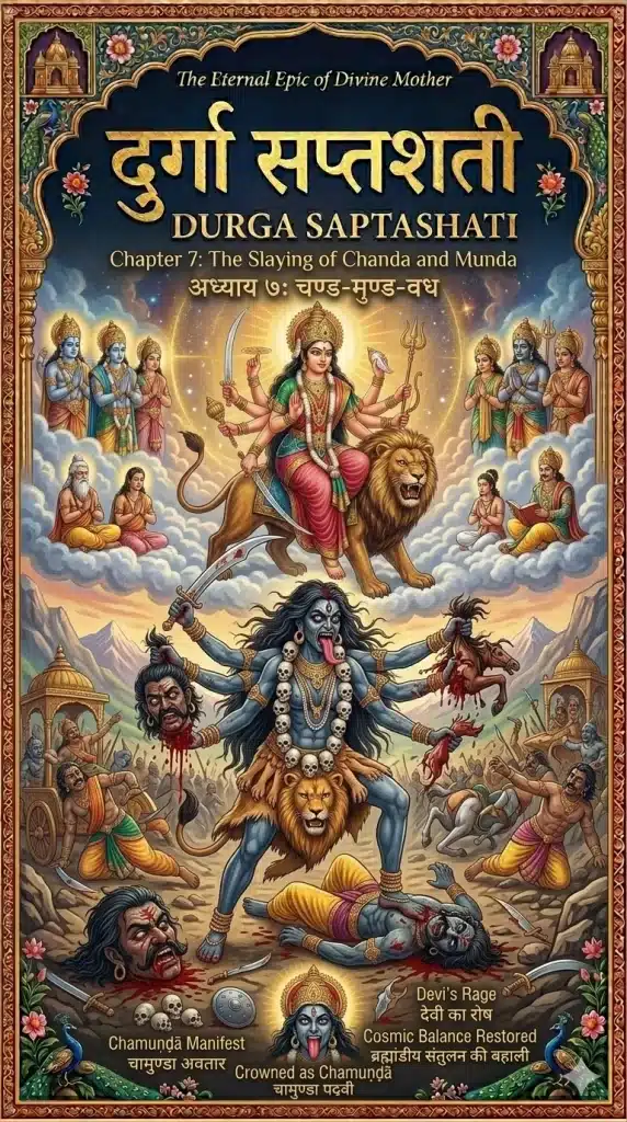 Durga Saptashati Chapter 7 Cover: Fierce Goddess Kali emerging from Devi’s forehead to slay demons Chanda and Munda, earning the name Chamunda.