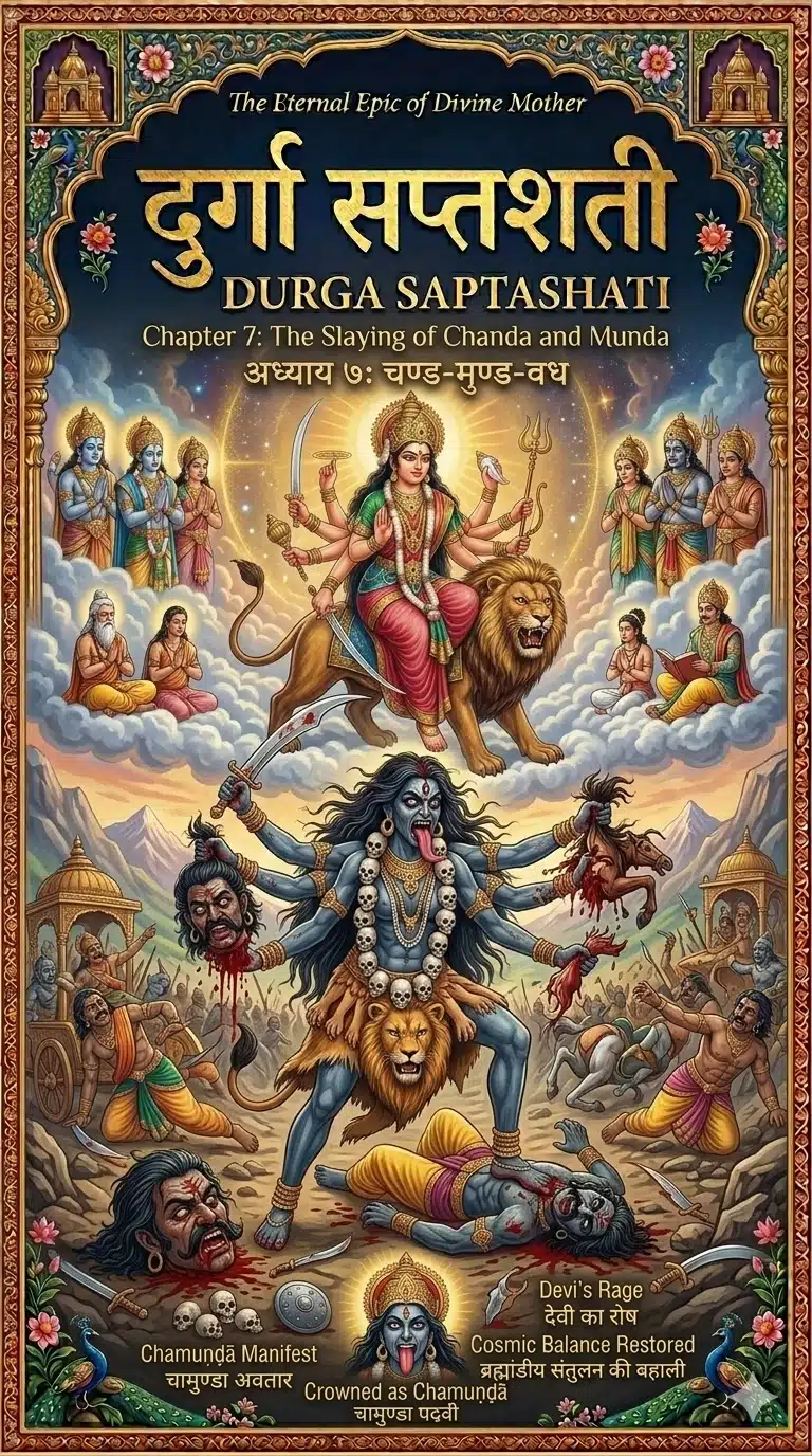 Durga Saptashati Chapter 7 Cover: Fierce Goddess Kali emerging from Devi’s forehead to slay demons Chanda and Munda, earning the name Chamunda.