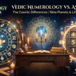 A mystical digital illustration comparing Vedic Numerology and Astrology, set against a deep cosmic background with nebulae and candles. Centrally, a vintage wooden desk holds lit candles, crystals, and an open book. To the left is a large, glowing golden astrological birth chart with planet and zodiac symbols. To the right is a glowing golden Vedic numerology grid (a 3x3 Lo Shu-style grid) containing the numbers 492, 357, 816, and surrounded by floating digits. Text at the top reads "VEDIC NUMEROLOGY VS. ASTROLOGY," with the subtitle "The Cosmic Differences | Nine Planets & Life Path Guidance." In the corners, branding credits "Numerology By Nehaa" and "Nehaa Parwani | Vedic Numerologist & Guide."