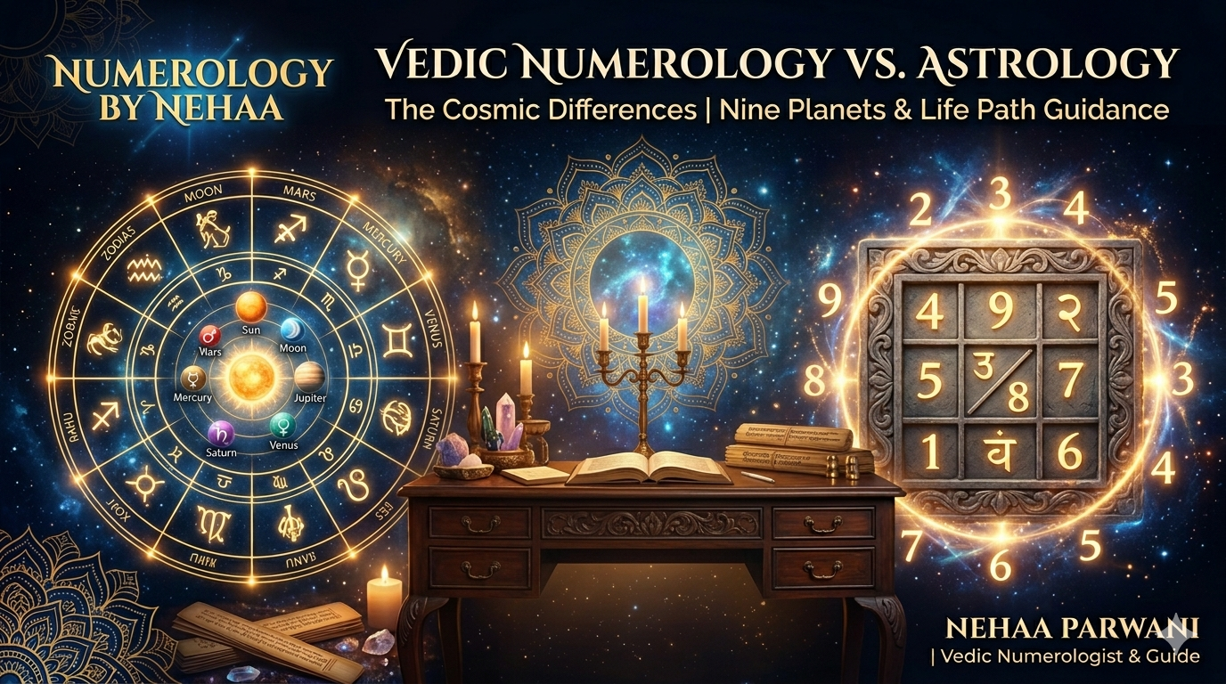 A mystical digital illustration comparing Vedic Numerology and Astrology, set against a deep cosmic background with nebulae and candles. Centrally, a vintage wooden desk holds lit candles, crystals, and an open book. To the left is a large, glowing golden astrological birth chart with planet and zodiac symbols. To the right is a glowing golden Vedic numerology grid (a 3x3 Lo Shu-style grid) containing the numbers 492, 357, 816, and surrounded by floating digits. Text at the top reads "VEDIC NUMEROLOGY VS. ASTROLOGY," with the subtitle "The Cosmic Differences | Nine Planets & Life Path Guidance." In the corners, branding credits "Numerology By Nehaa" and "Nehaa Parwani | Vedic Numerologist & Guide."