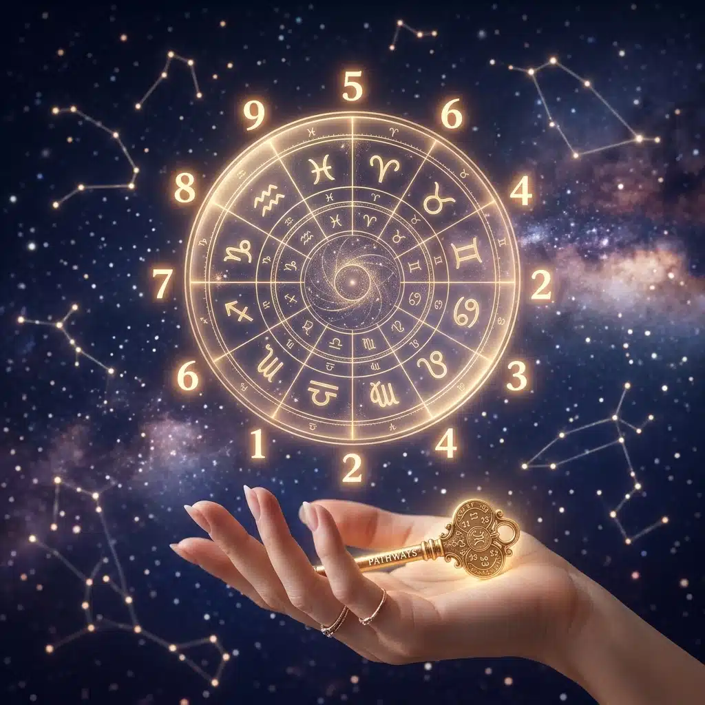 A glowing golden key and a celestial birth chart wheel with numbers 1 to 9, symbolizing customized numerology remedies for energy balancing.