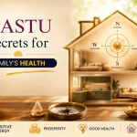 A modern Indian family discussing House Vastu while highlighting the North-East (Ishan Kon) direction with Vastu symbols representing health and positive energy.