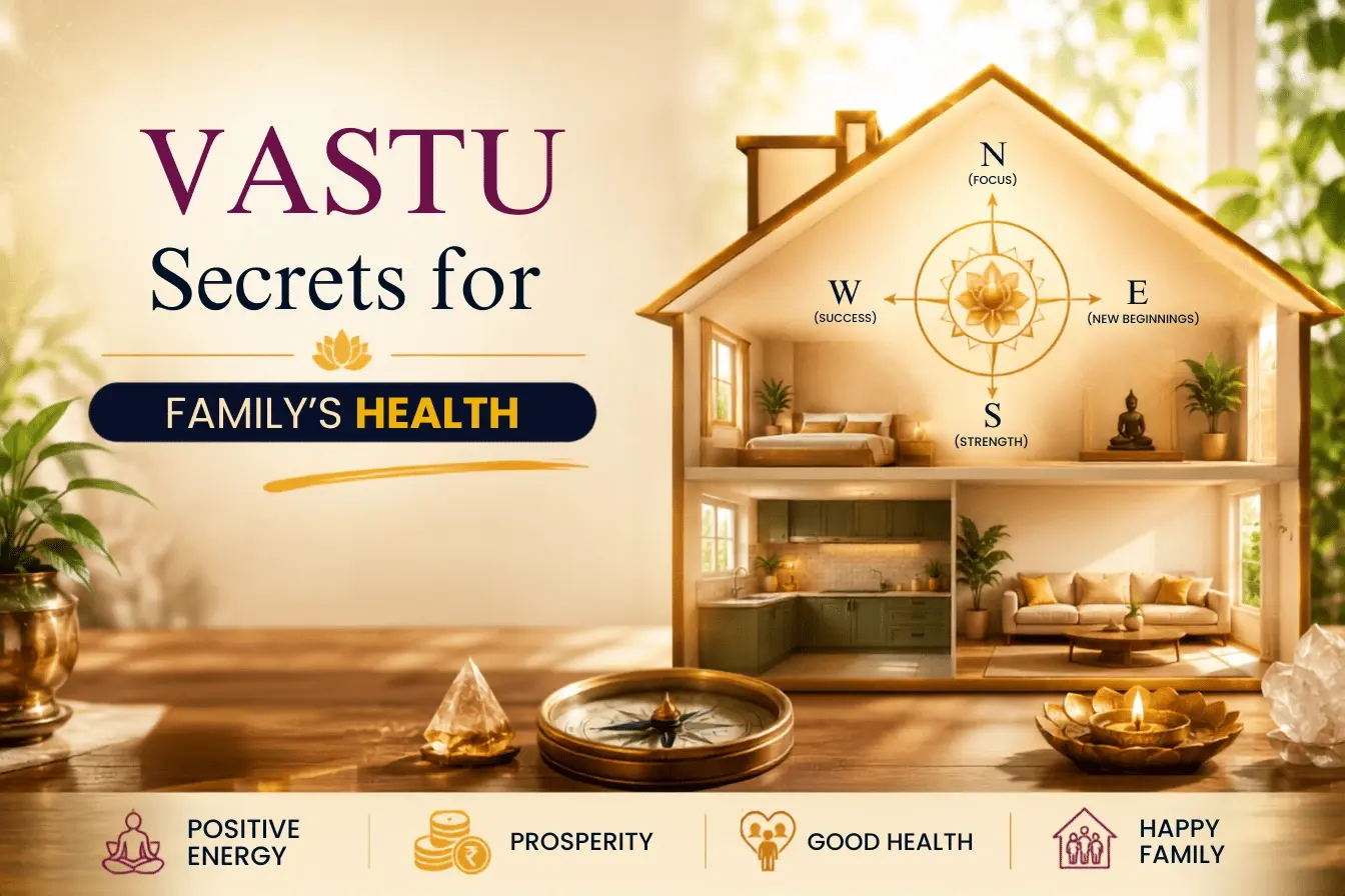 A modern Indian family discussing House Vastu while highlighting the North-East (Ishan Kon) direction with Vastu symbols representing health and positive energy.