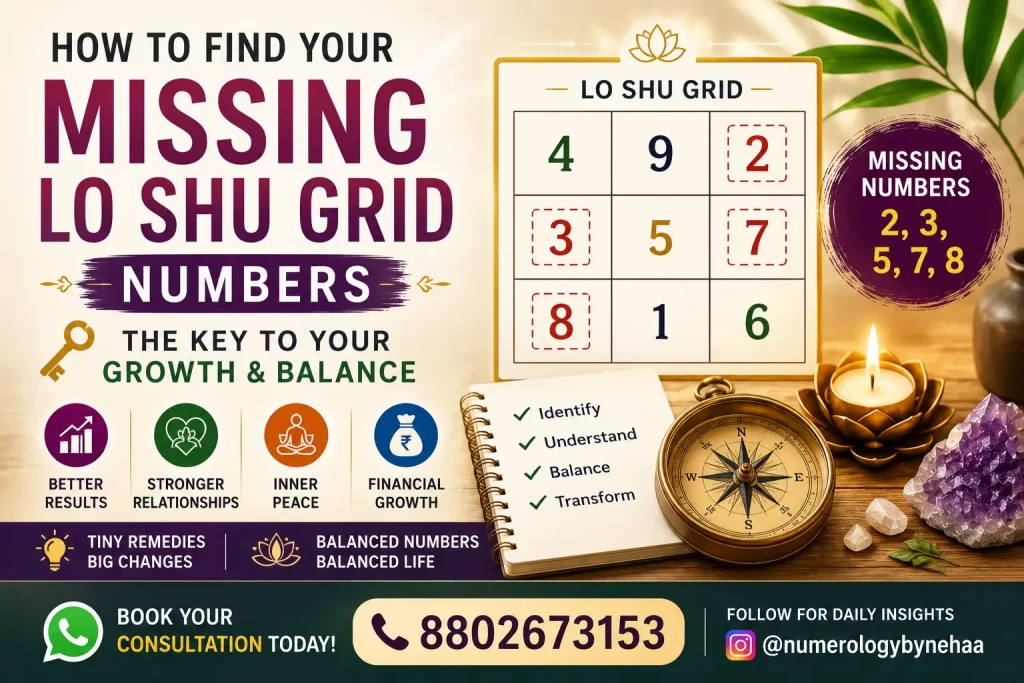 A glowing Lo Shu Grid showing missing numbers highlighted, representing Numerology analysis and remedies for balancing life energies
