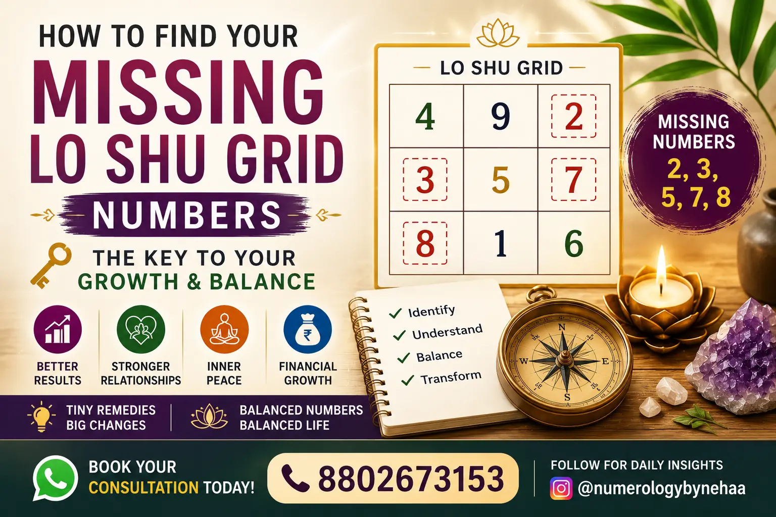 A glowing Lo Shu Grid showing missing numbers highlighted, representing Numerology analysis and remedies for balancing life energies